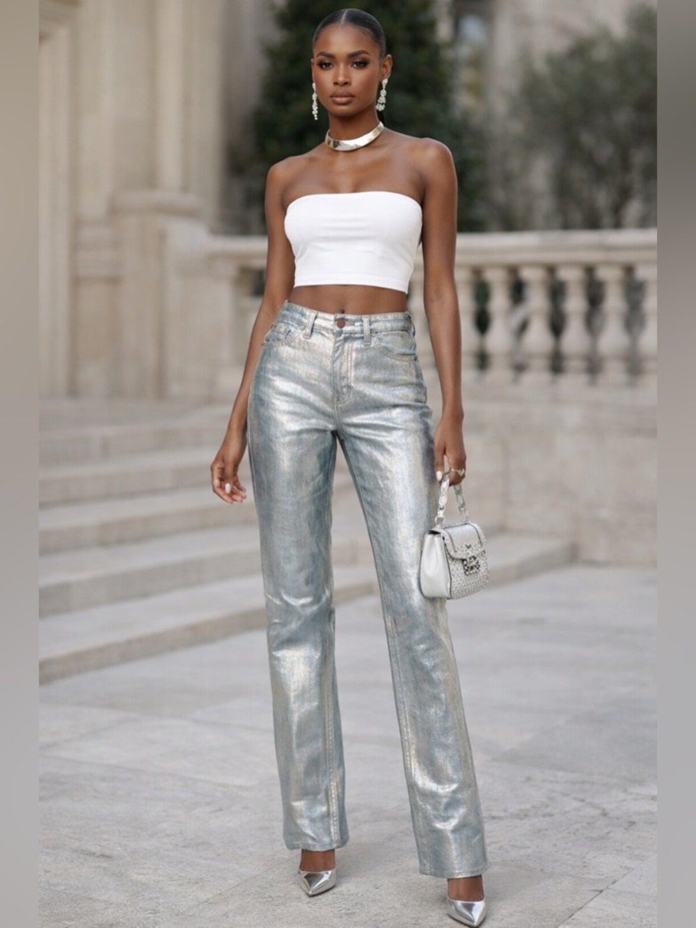 JOHNNY WAS SASSOON Metallic Silver Coated Jeans – Size 25 – NWOT